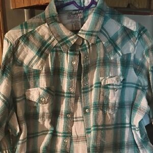 Wrangler Women's Teal and White Plaid Button Down Shirt